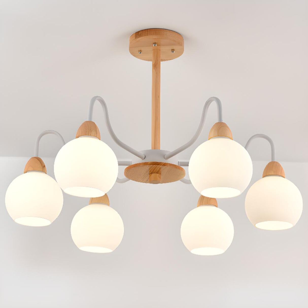 8-Light Modern Wooden Milk Glass Ball Chandelier  Image - 9