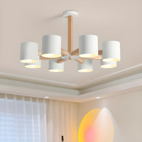 8-Light Modern Wooden White Metal Drum Chandelier Image - 1