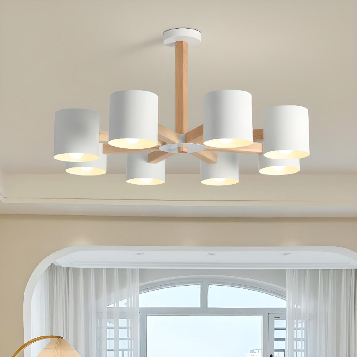 8-Light Modern Wooden White Metal Drum Chandelier Image - 2