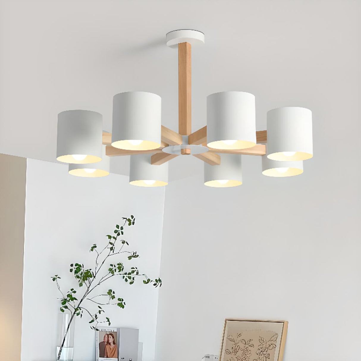 8-Light Modern Wooden White Metal Drum Chandelier Image - 3