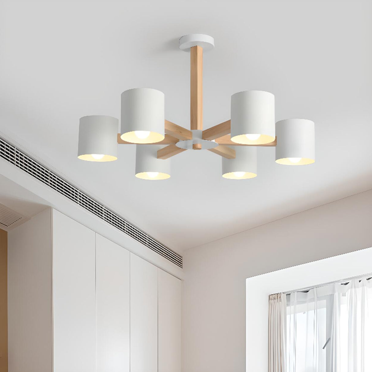 8-Light Modern Wooden White Metal Drum Chandelier Image - 4