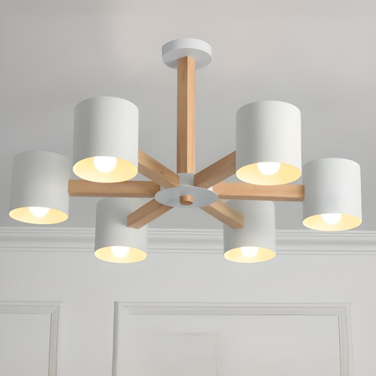 8-Light Modern Wooden White Metal Drum Chandelier Image - 5