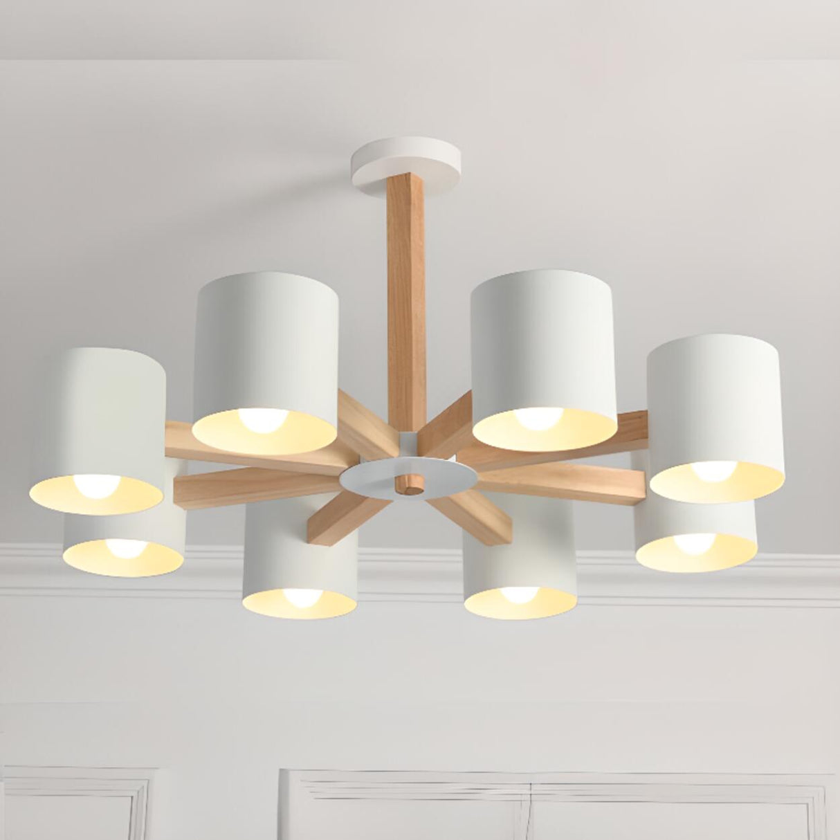 8-Light Modern Wooden White Metal Drum Chandelier Image - 6