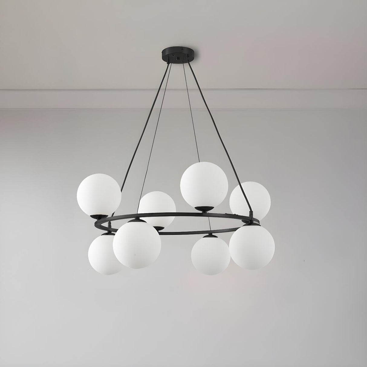 8 Lights Modern Ring White Spherical Glass Chandelier Image - 5