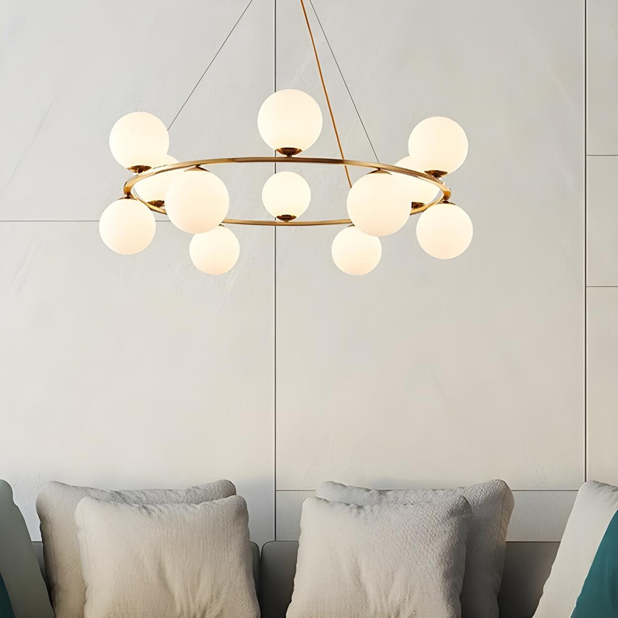 8 Lights Modern Ring White Spherical Glass Chandelier Image - 6