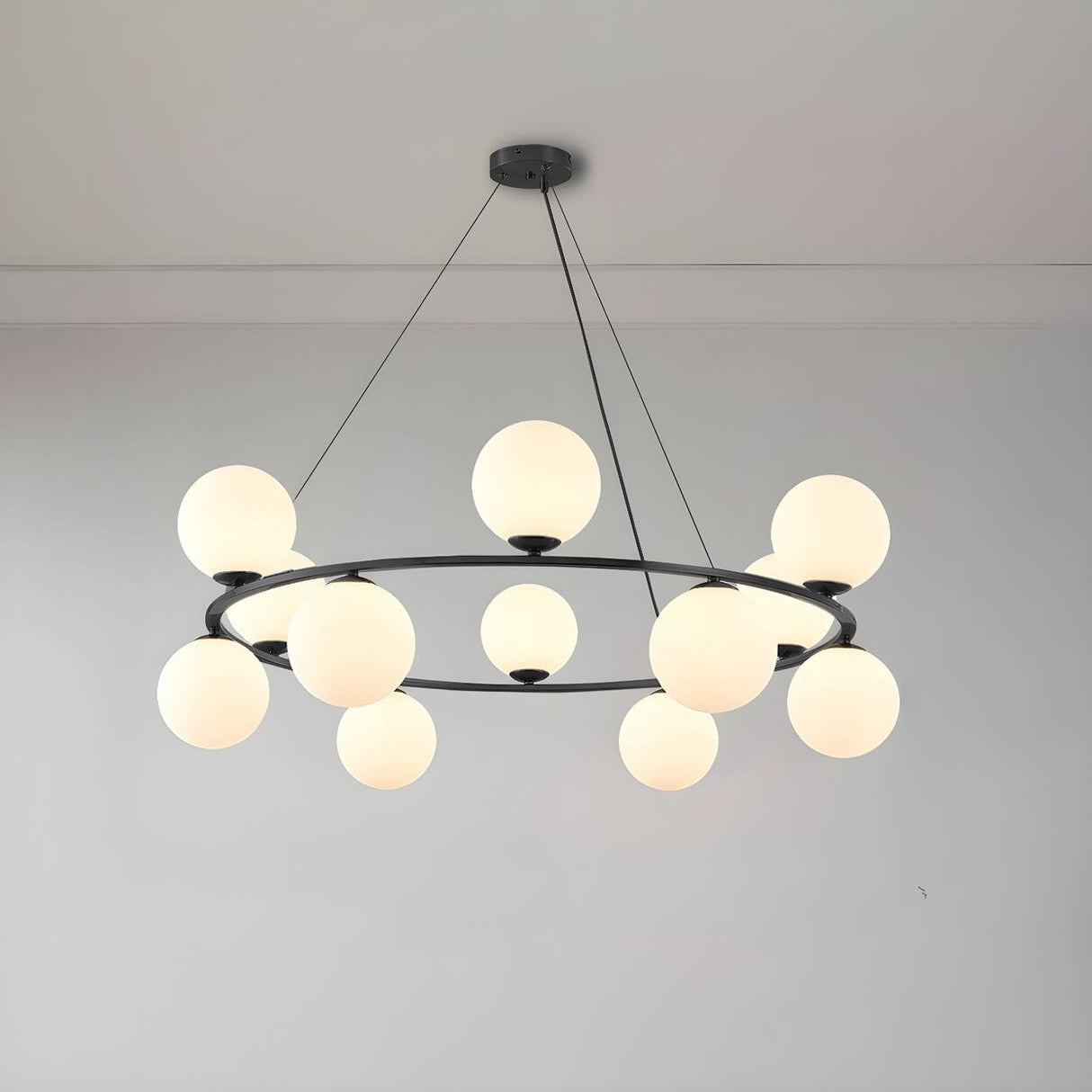 8 Lights Modern Ring White Spherical Glass Chandelier Image - 7