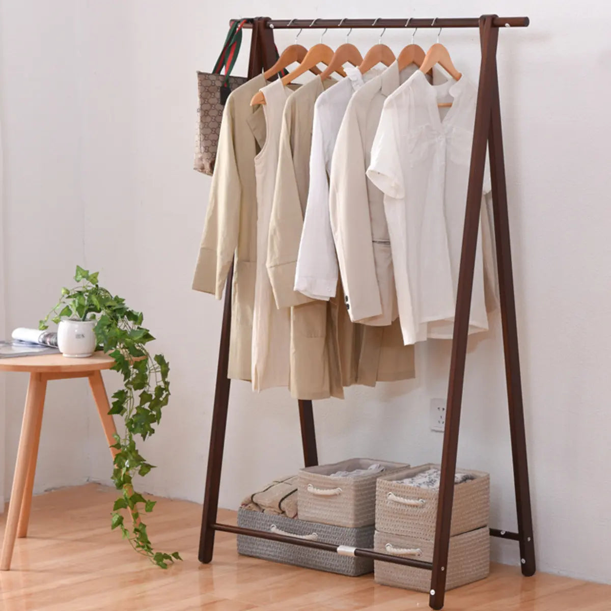 A-Frame Wood Brown Large Storage Coat Rack with Wheels Image - 2