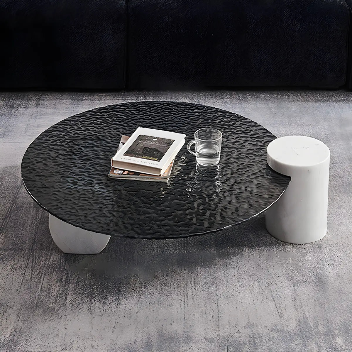 Abstract Black Round Glass Stone Base Coffee Table Image - 2