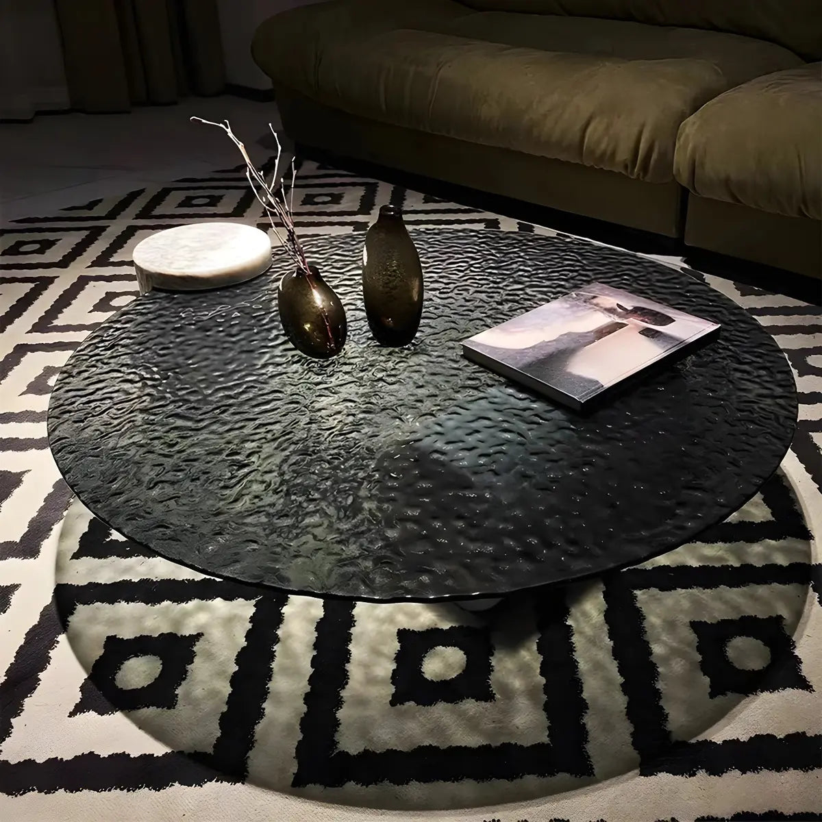 Abstract Black Round Glass Stone Base Coffee Table Image - 3