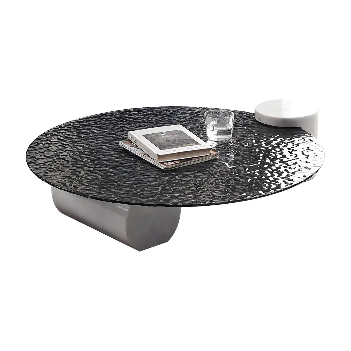 Abstract Black Round Glass Stone Base Coffee Table Image - 6