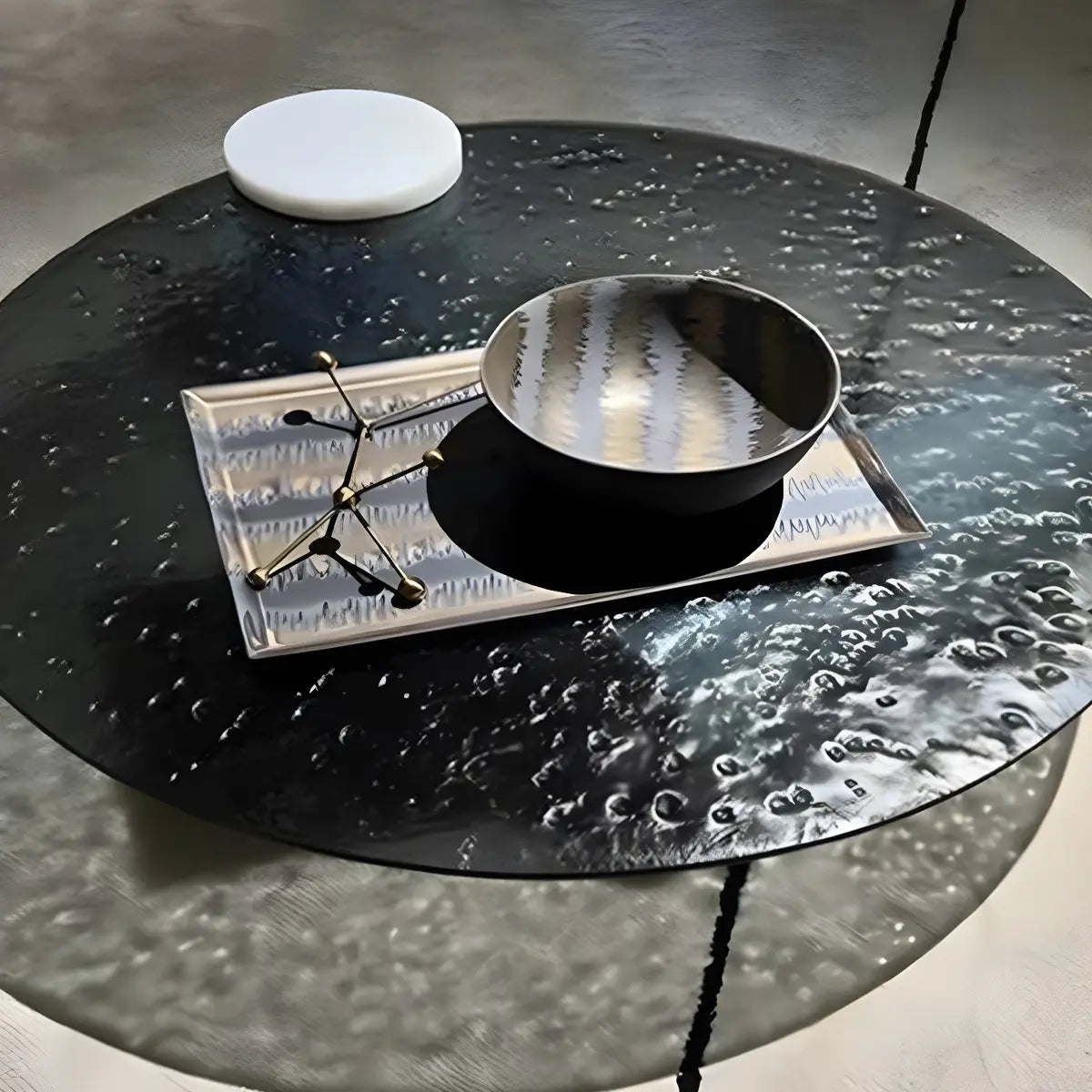 Abstract Black Round Glass Stone Base Coffee Table Image - 8