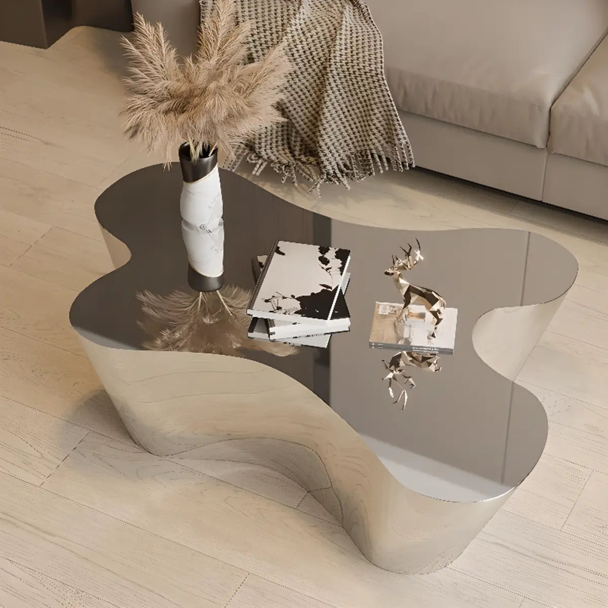 Abstract Mirror Free Form Silver Metal Coffee Table Image - 15