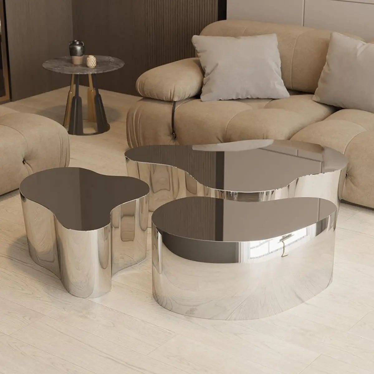 Abstract Mirror Free Form Silver Metal Coffee Table Image - 8