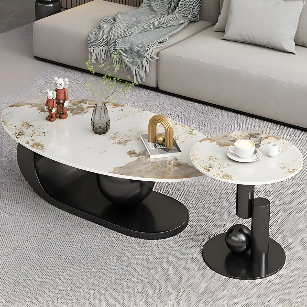 Abstract Stone Oval Gold Steel Base Nesting Coffee Desk Image - 11