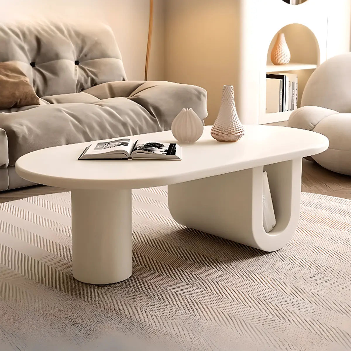 Abstract White Oval Wood Storage Standard Coffee Table Image - 1