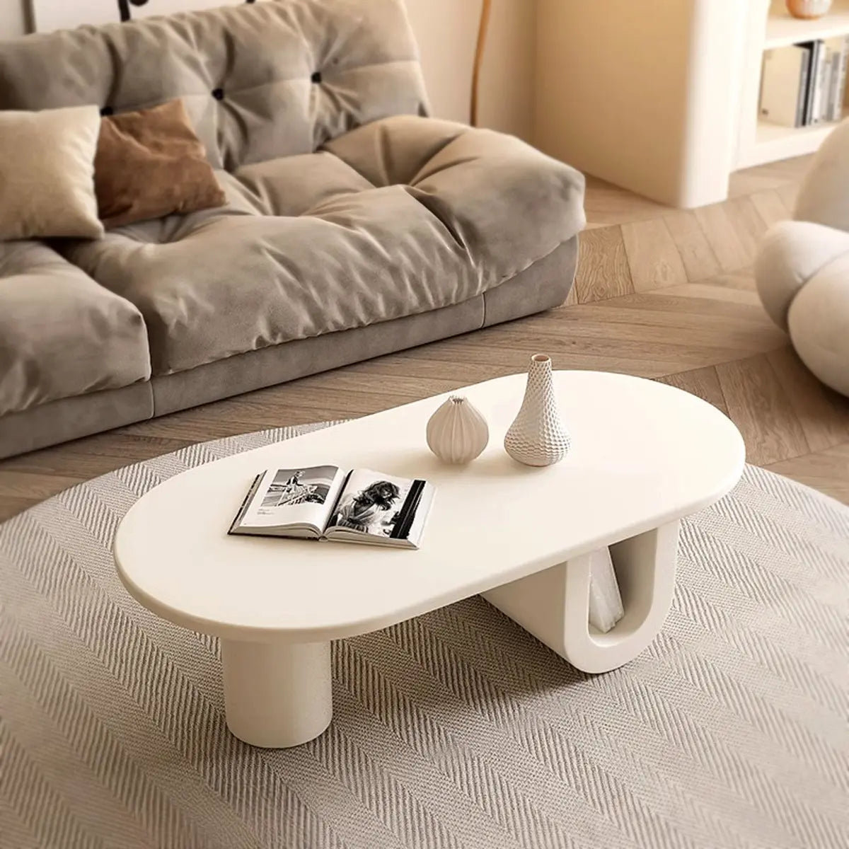 Abstract White Oval Wood Storage Standard Coffee Table Image - 4