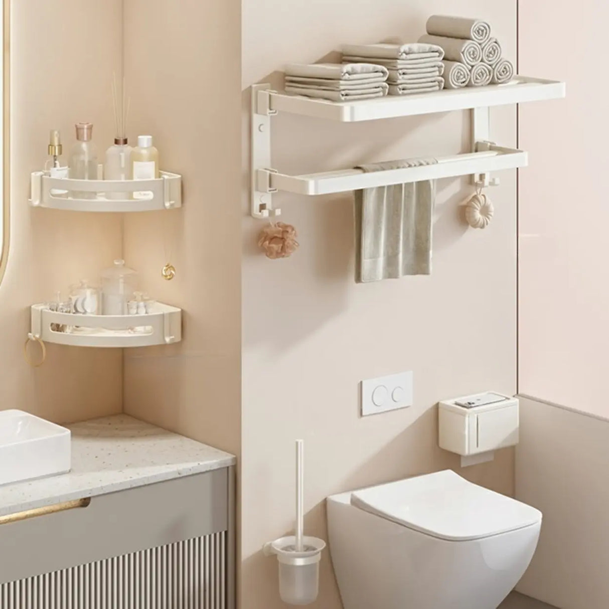 Adhesive Mount Bathroom Storage Rack Set with Hooks Image - 11