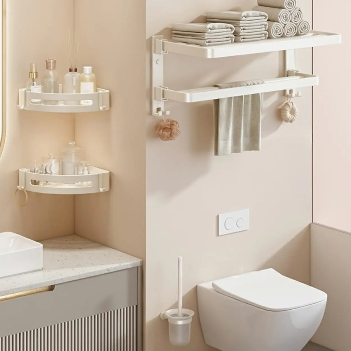 Adhesive Mount Bathroom Storage Rack Set with Hooks Image - 14