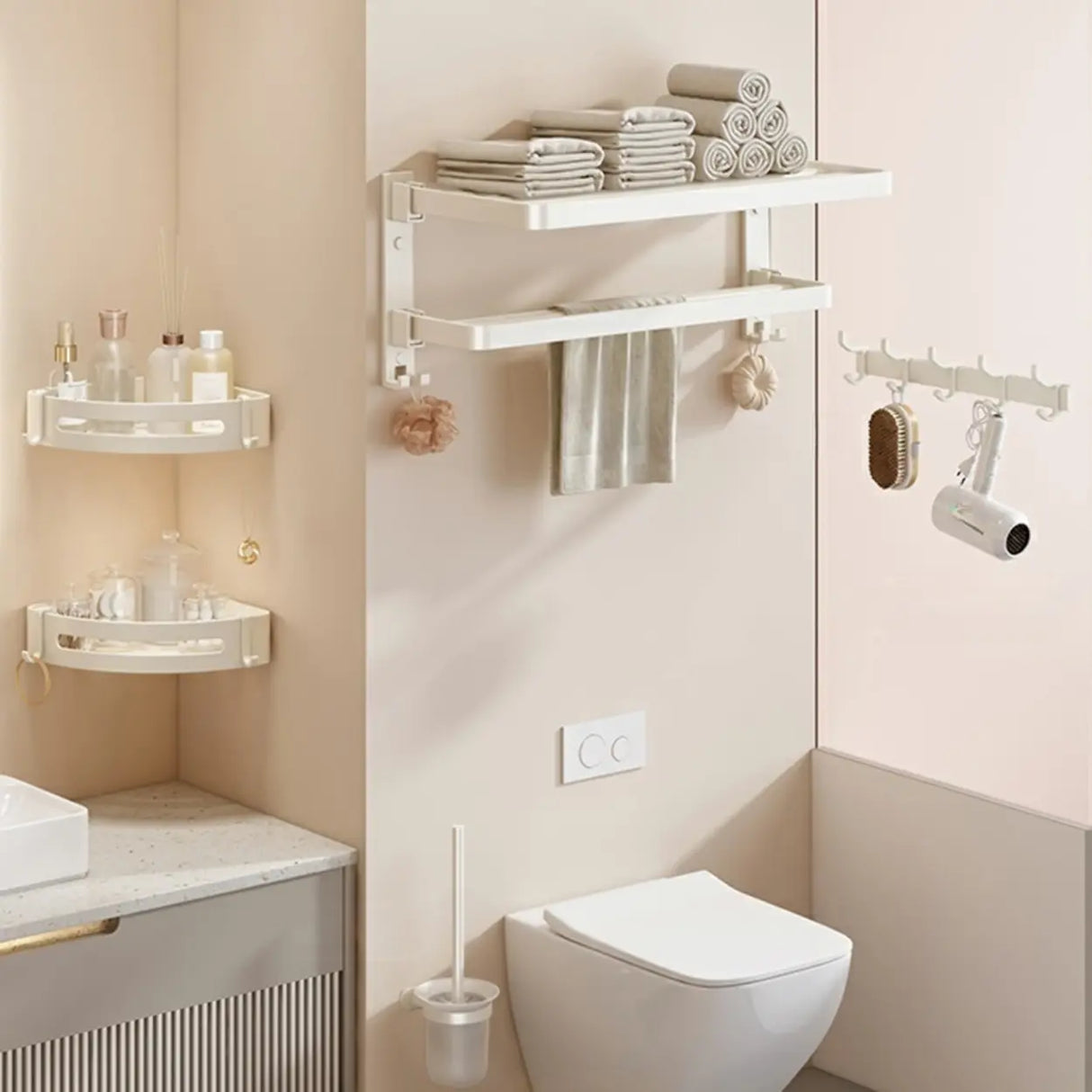 Adhesive Mount Bathroom Storage Rack Set with Hooks Image - 17