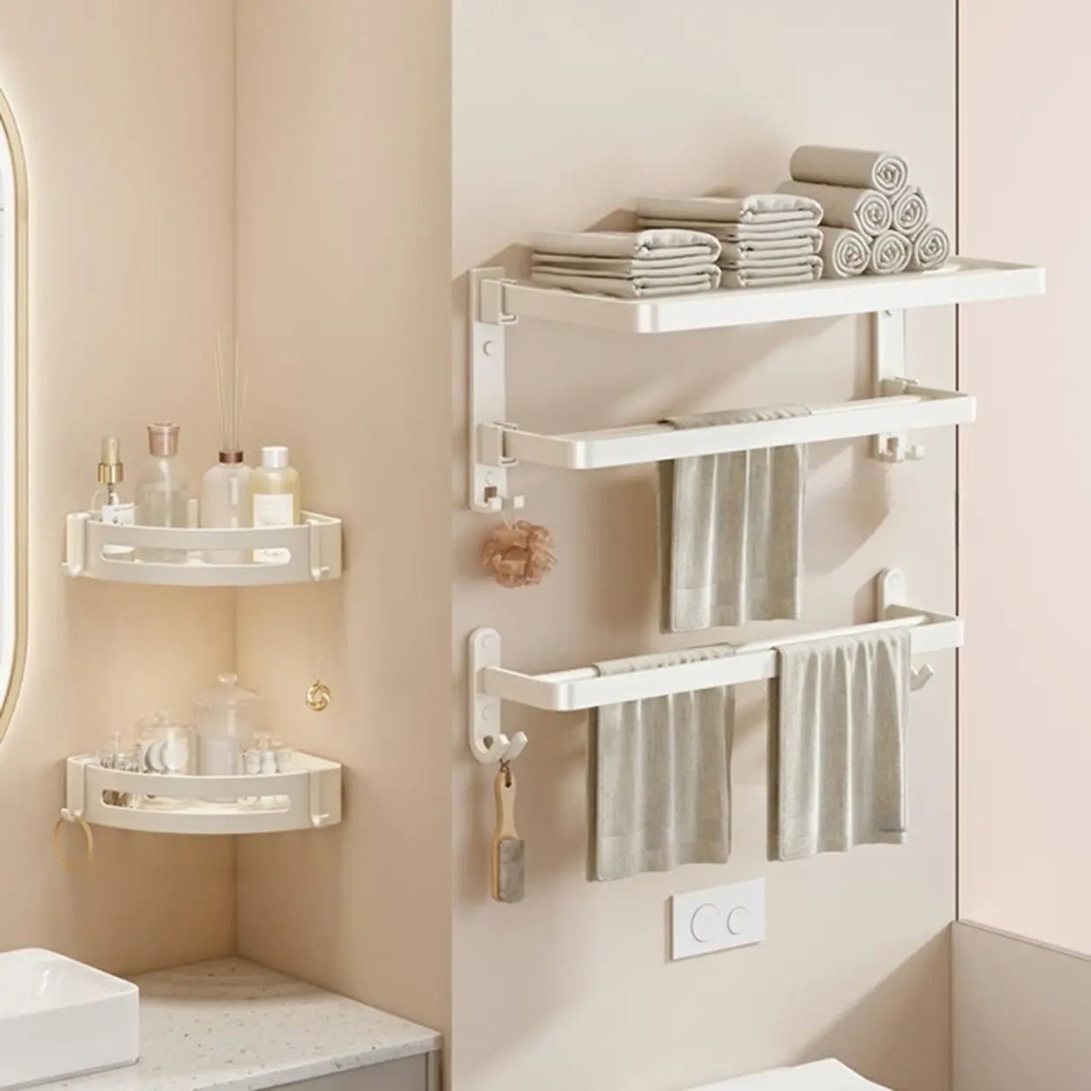 Adhesive Mount Bathroom Storage Rack Set with Hooks Image - 2