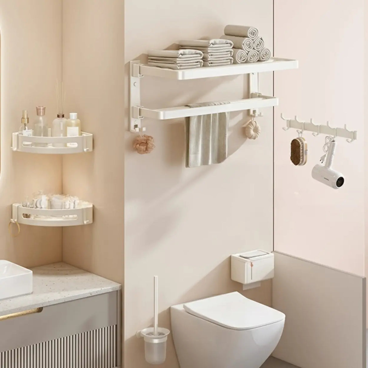 Adhesive Mount Bathroom Storage Rack Set with Hooks Image - 20