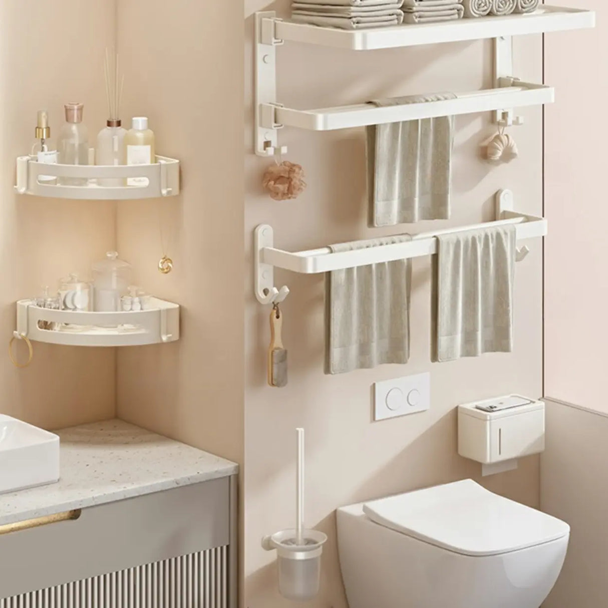 Adhesive Mount Bathroom Storage Rack Set with Hooks Image - 21