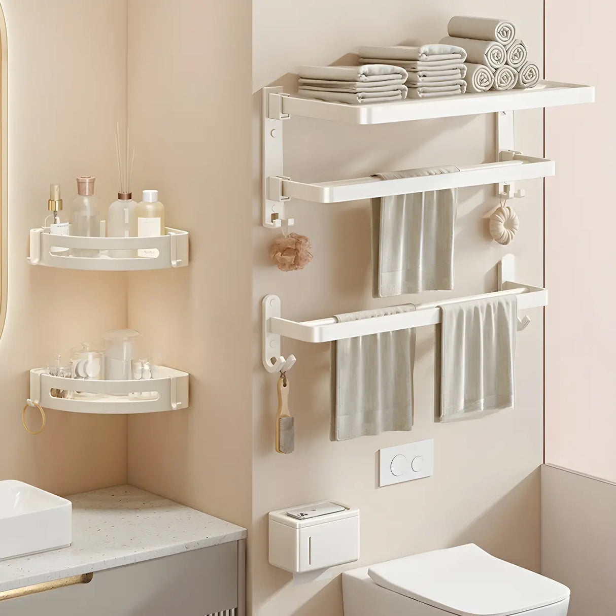 Adhesive Mount Bathroom Storage Rack Set with Hooks Image - 22