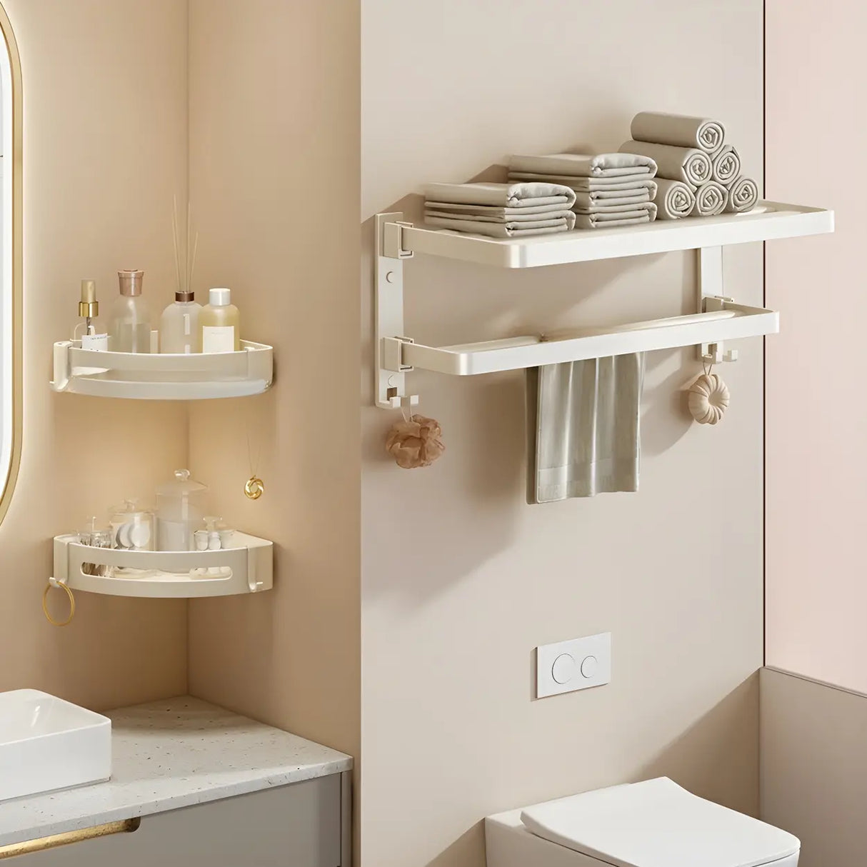 Adhesive Mount Bathroom Storage Rack Set with Hooks Image - 23