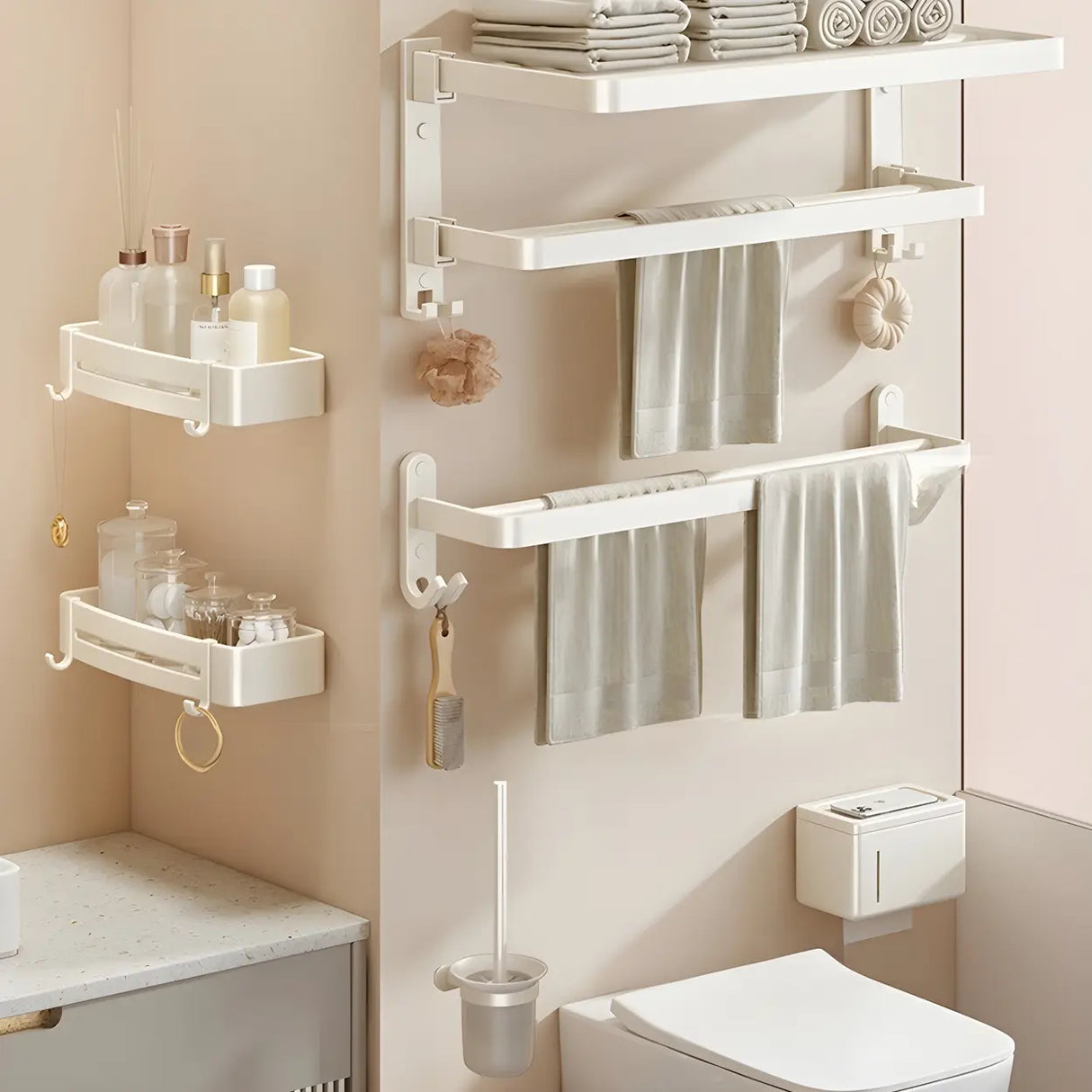 Adhesive Mount Bathroom Storage Rack Set with Hooks Image - 24