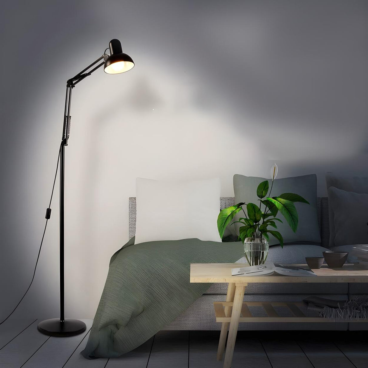 Adjustable Black Bowl Task Swing Arm Floor Lamp Image - 3