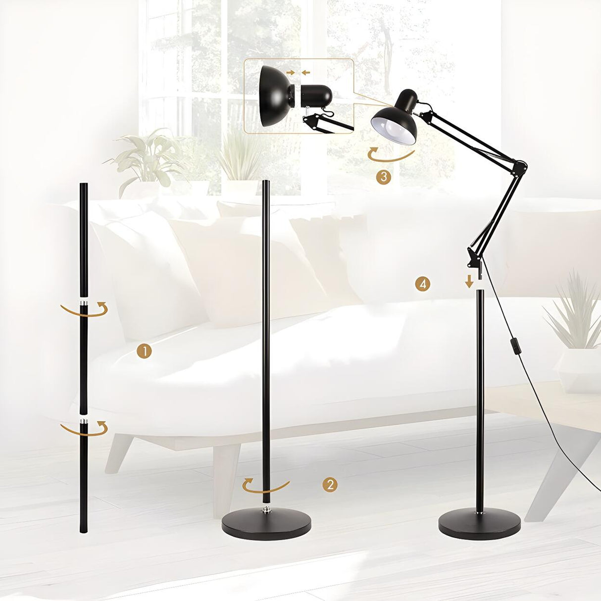 Adjustable Black Bowl Task Swing Arm Floor Lamp Image - 8