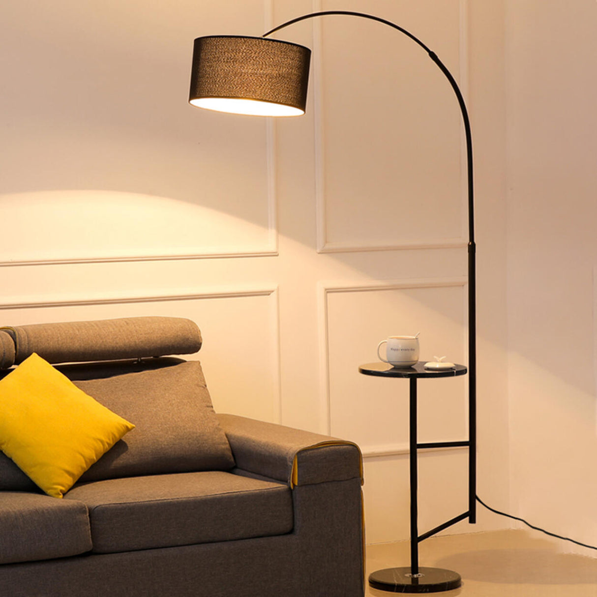 Adjustable Black Drum and Arc Side Table Floor Lamp Image - 3