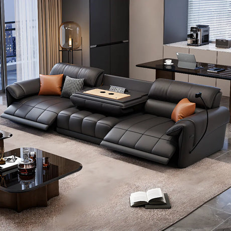 Adjustable Black Faux Leather Wood Frame Sofa with Arms Image - 1