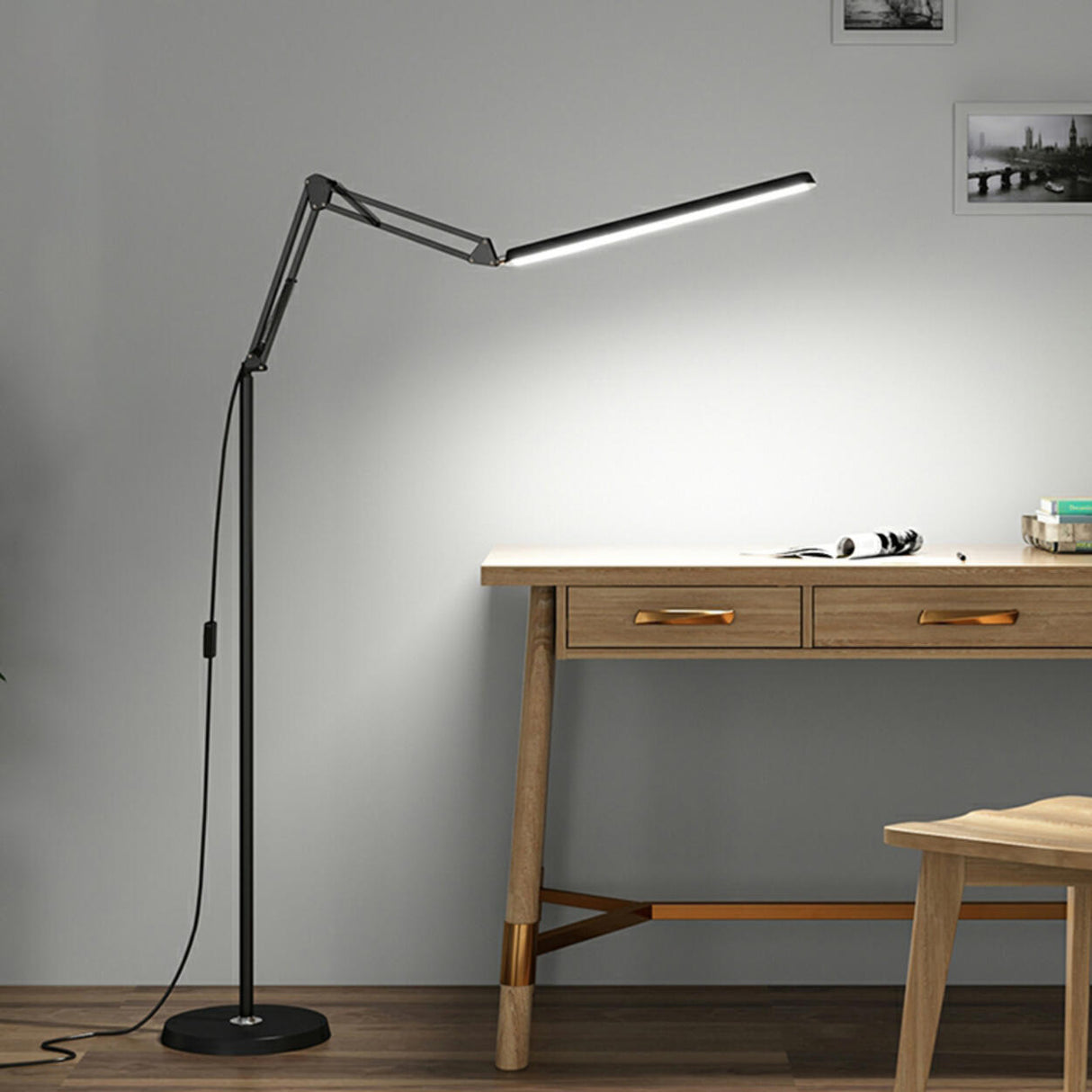 Adjustable Black Rectangular Swing Arm Floor Lamp Image - 1