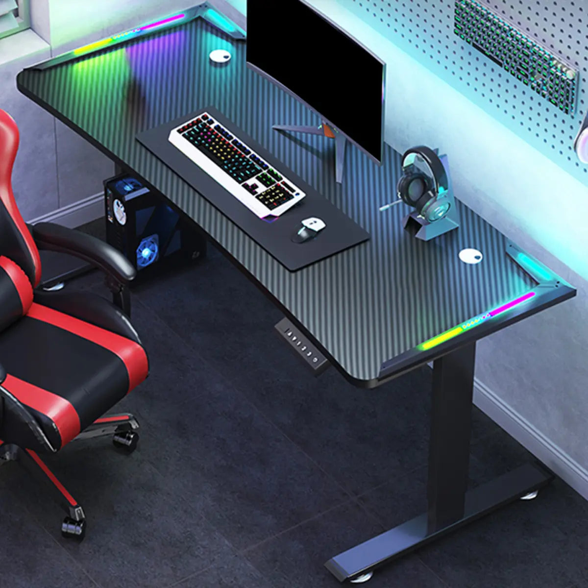 Adjustable Black T-Shape Ambient Light Gaming Desk Image - 2