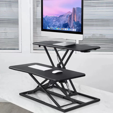 Adjustable Black Wood Trestle Standing Desk Converter Image - 1