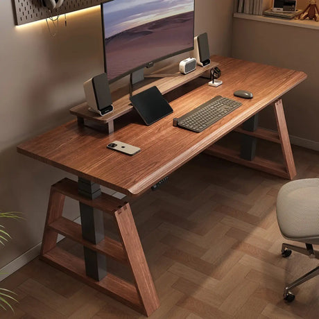 Adjustable Brown Wood Rectangle Sledge Standing Desk Image - 2