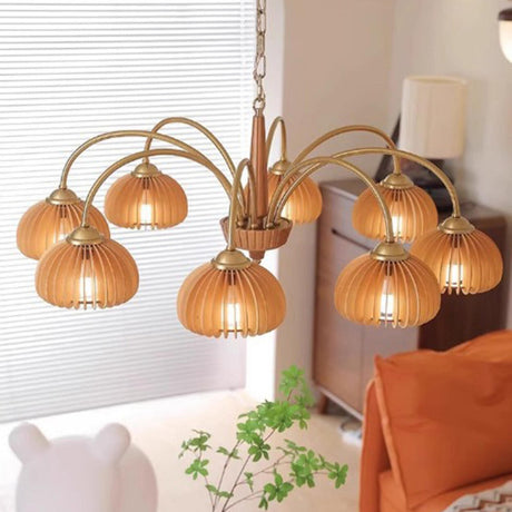 Adjustable Chain Solid Wood Slat Dome Chandelier Image - 1