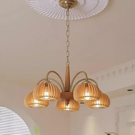 Adjustable Chain Solid Wood Slat Dome Chandelier Image - 2