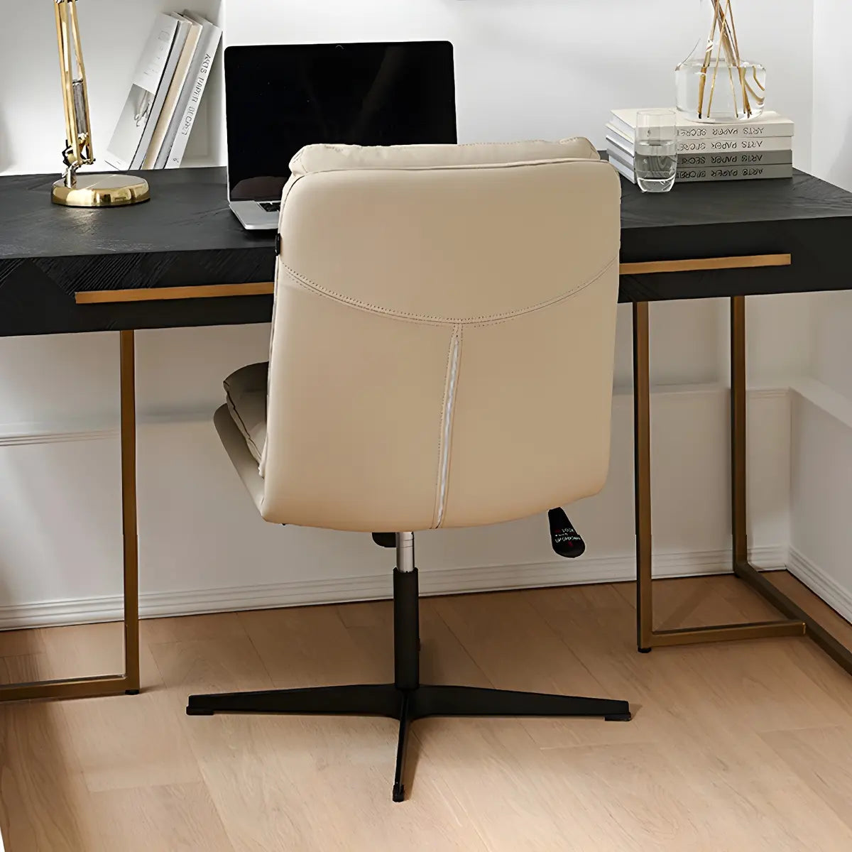 Adjustable Cream Modern Task Leather Steel Office Chair Image - 15