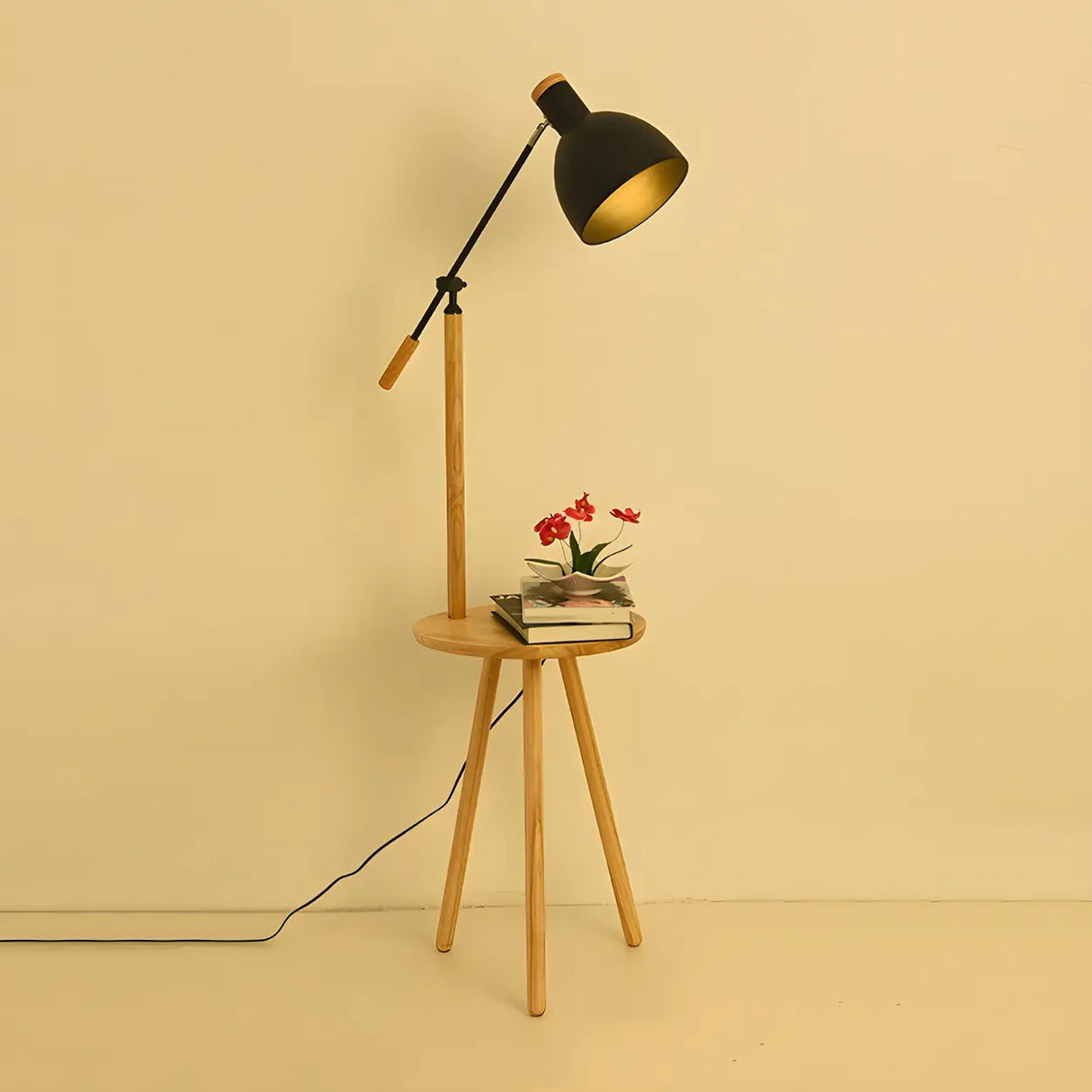 Adjustable Dome Wooden Floor Lamp with Side Table Image - 6