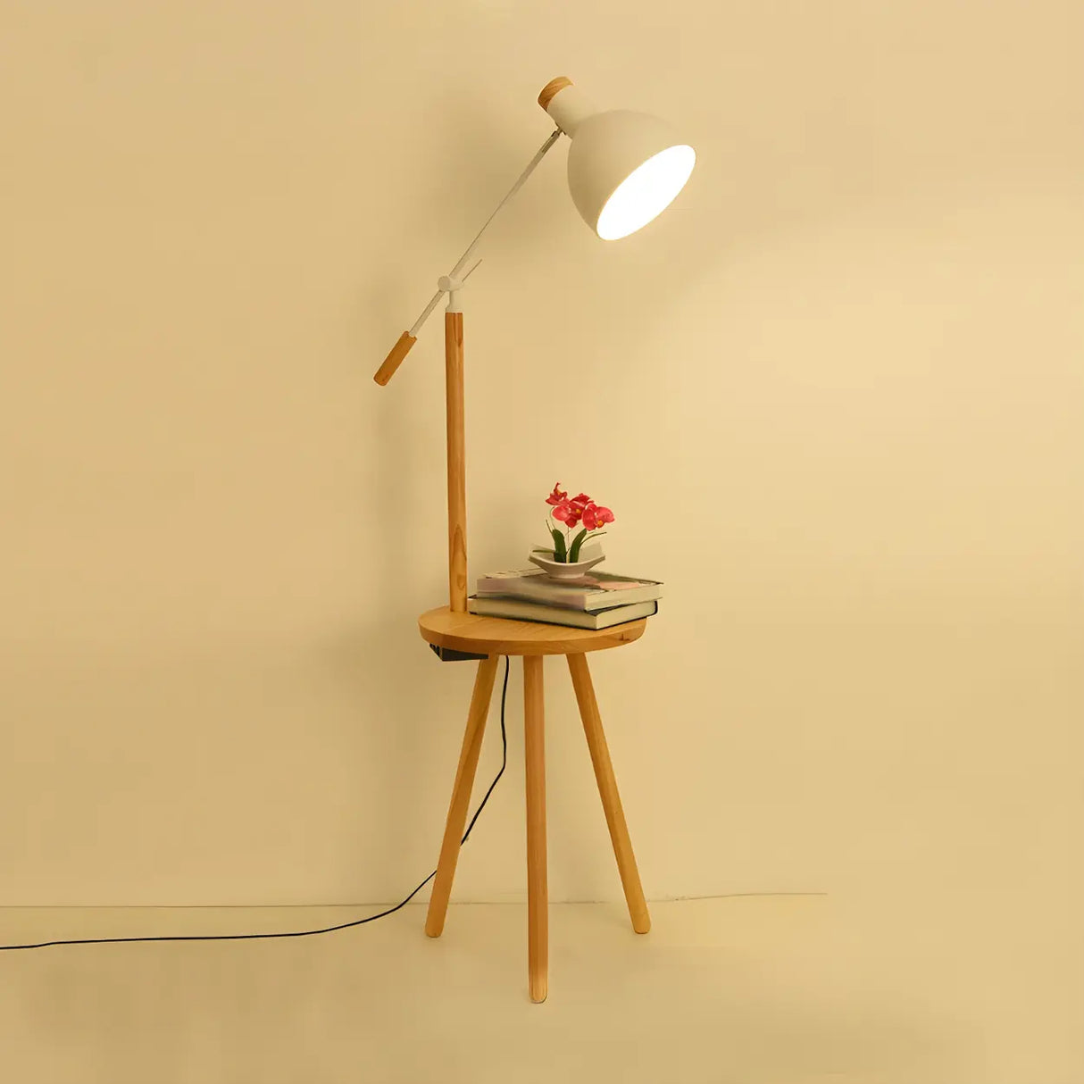 Adjustable Dome Wooden Floor Lamp with Side Table Image - 7