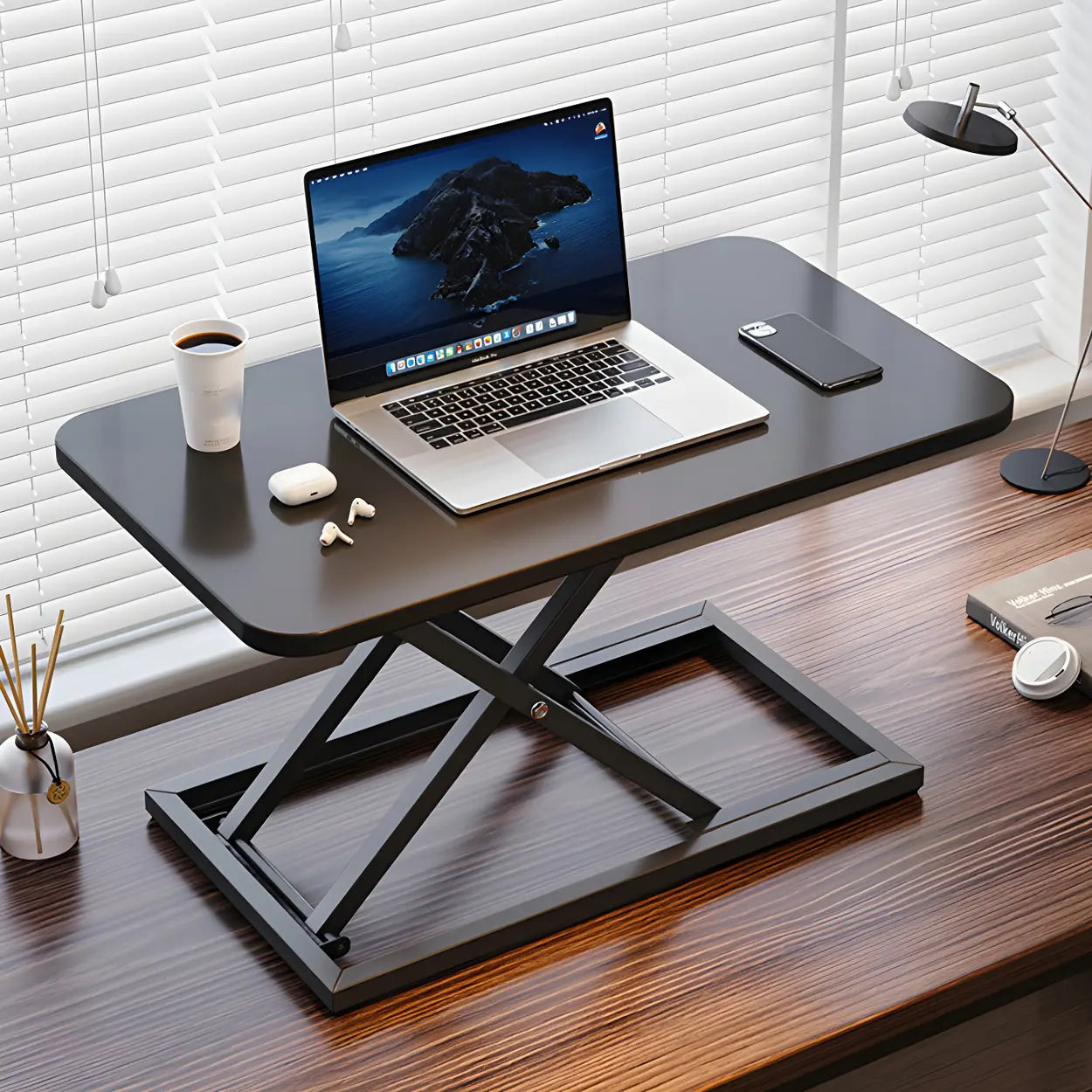 Adjustable Folding Black Wood Trestle Standing Desk Image - 1