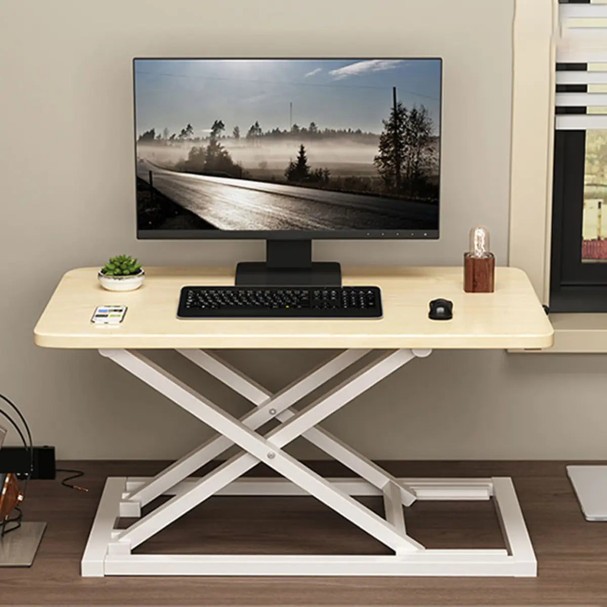 Adjustable Folding Wood Trestle Standing Desk Converter Image - 8