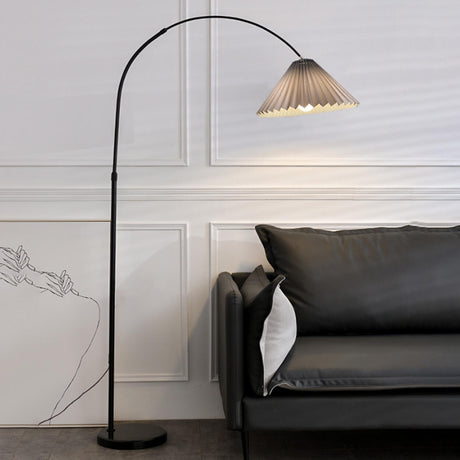 Adjustable Gray Pleated and Black Arched Floor Lamp Image - 1