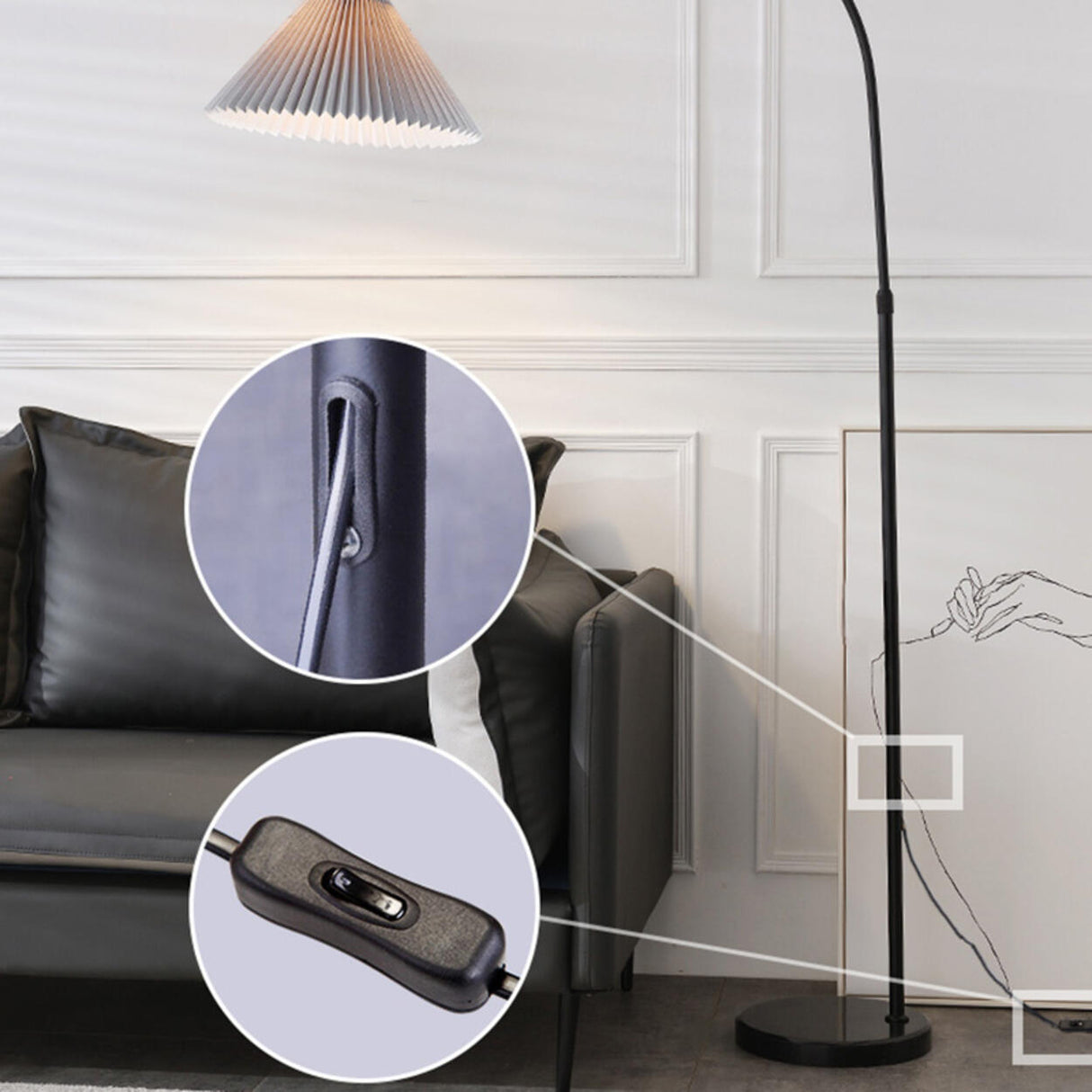 Adjustable Gray Pleated and Black Arched Floor Lamp Image - 11