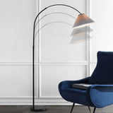 Adjustable Gray Pleated and Black Arched Floor Lamp Image - 4