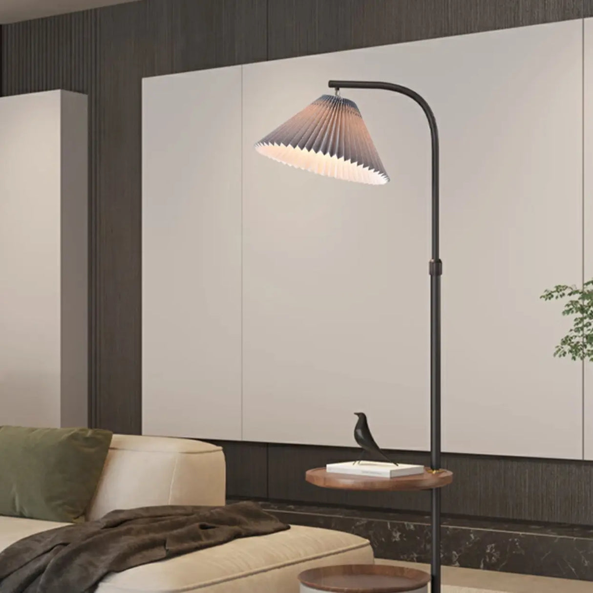 Adjustable Gray Umbrella LED Floor Lamp with Shelf Image - 4