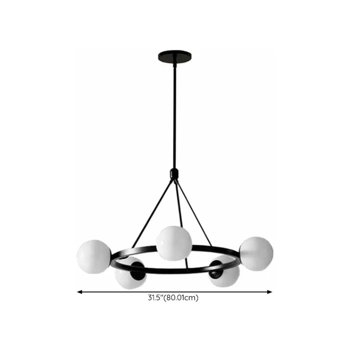 Adjustable Height 5 Glass Ball Black Ring Chandelier  