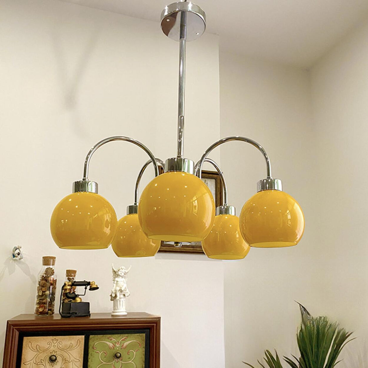 Adjustable Height 5-Light Yellow Globe Chrome Chandelier Image - 1